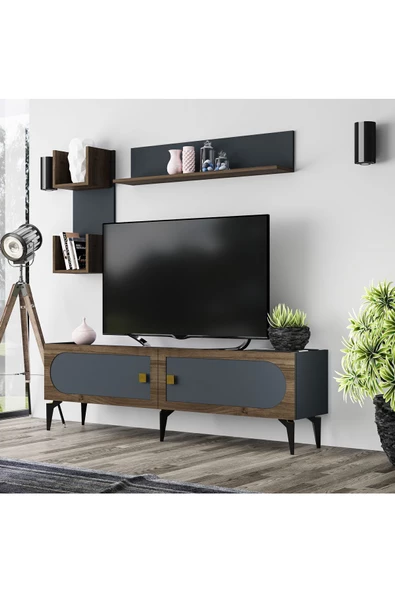 DemonteHome  OWENDH TV ÜNİTESİ,KONSOL 2'Lİ SALON TAKIMI ANTRASİT-(CEVİZ DESEN) - Resim 2