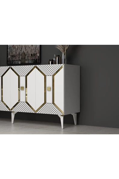 DemonteHome  Yumedi Pleksi Desenli Lazer Desenli Çizgili Konsol Beyaz Altın - 3