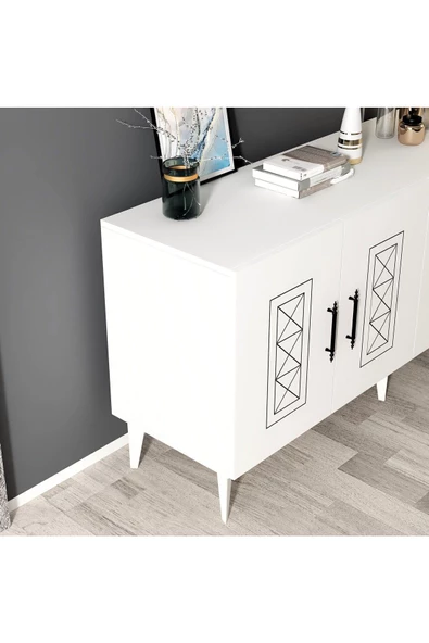 DemonteHome  Shumendh Konsol Lazer Desenli 4 Kapaklı Beyaz - 5