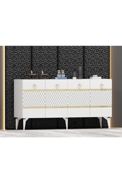 DemonteHome  Pelindh Lazer Desenli 4 Kapaklı Konsol Beyaz Altın - 2