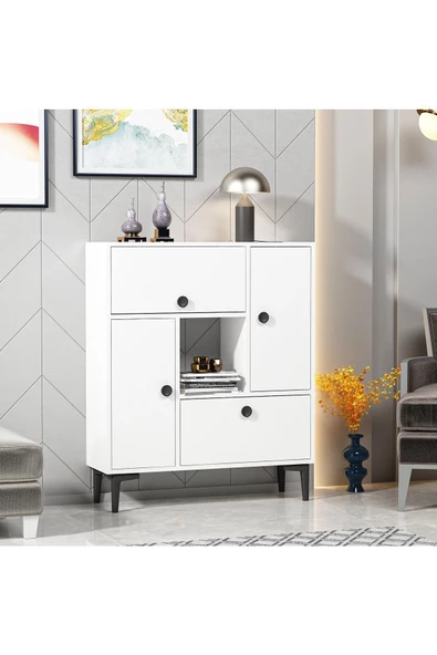 DemonteHome  Sidelyadh Konsol Çok Amaçlı Dolap 7 Raflı 4 Kapaklı Beyaz
