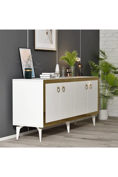DemonteHome  Ponydh Lazer Pleksi Desenli Konsol Beyaz Altın - 3