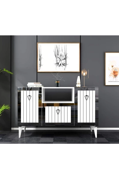 DemonteHome  Lindadh 3 Kapaklı Lazer Desenli Pleksili Konsol Beyaz Gümüş