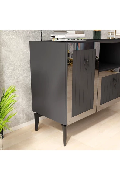 DemonteHome  Lindadh 3 Kapaklı Lazer Desenli Pleksili Konsol Antrasit Gümüş - 4
