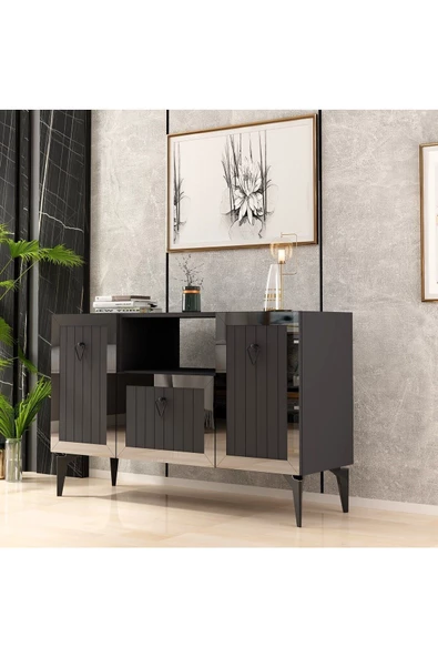 DemonteHome  Lindadh 3 Kapaklı Lazer Desenli Pleksili Konsol Antrasit Gümüş - 2