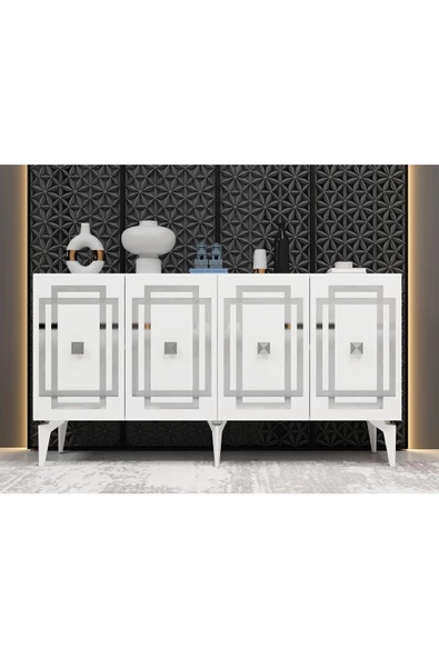 DemonteHome  Lotusdh Konsol 4 Kapaklı Raflı Beyaz Gümüş