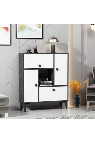 DemonteHome  Sidelyadh Konsol Çok Amaçlı Dolap 7 Raflı 4 Kapaklı Royalmermer Beyaz