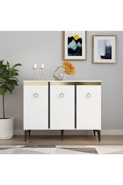 DemonteHome  Adadh 3 Kapaklı 8 Raflı Konsol Beyaz Royalmermer