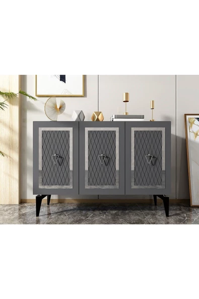 DemonteHome  Katyadh 3 Kapaklı Lazer Desenli Konsol Antrasit Gümüş