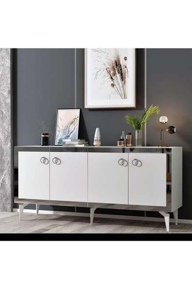 DemonteHome  Ponydh Lazer Pleksi Desenli Konsol Beyaz Gümüş