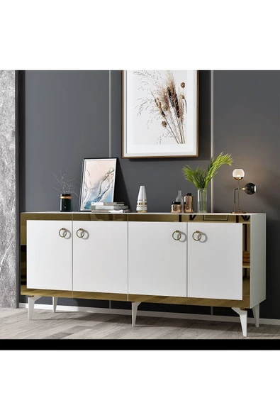 DemonteHome  Ponydh Lazer Pleksi Desenli Konsol Beyaz Altın