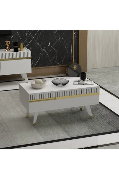 DemonteHome  DEFNEDH LAZER DESENLİ ORTA SEHPA BEYAZ ALTIN - 2
