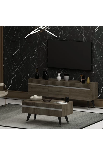 DemonteHome  DEFNEDH LAZER DESENLİ ORTA SEHPA CEVİZ GÜMÜŞ