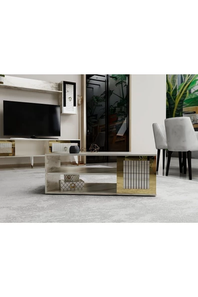 DemonteHome  BAREDH LAZER DESENLİ 90 CM ORTA SEHPA EFESMERMER ALTIN - 2
