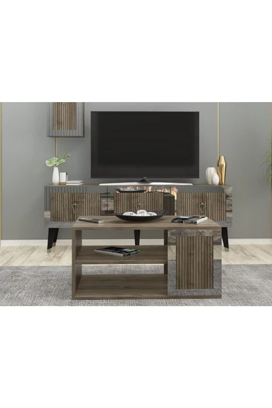 DemonteHome  BAREDH LAZER DESENLİ 90 CM ORTA SEHPA CEVİZ GÜMÜŞ