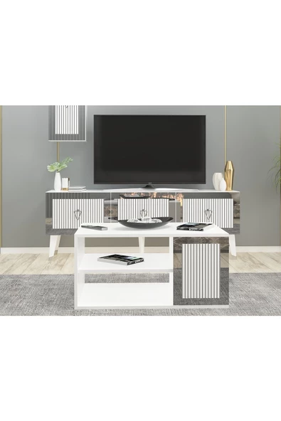 DemonteHome  BAREDH LAZER DESENLİ 90 CM ORTA SEHPA BEYAZ GÜMÜŞ