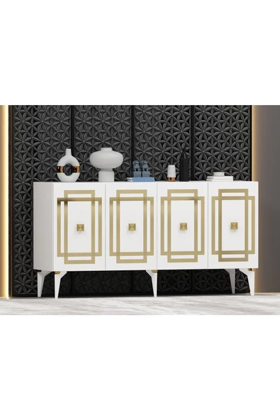 DemonteHome  Lotusdh Konsol 4 Kapaklı Raflı Beyaz Altın - 2
