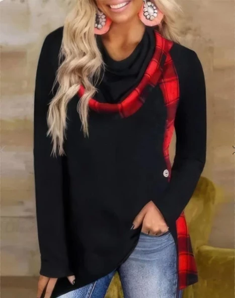 Kadın Dökümlü Yaka Ekose Detay Asimetrik Kesim Tunik