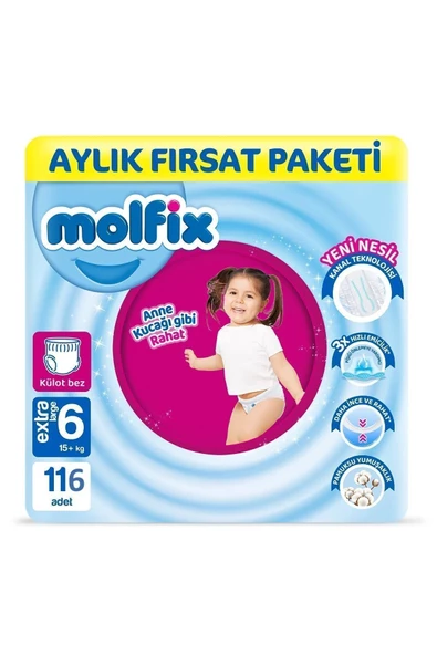 Molfix Külot Bebek Bezi 6 Beden E.large Aylık Fırsat Paketi (58 adet x 2) 116 Adet