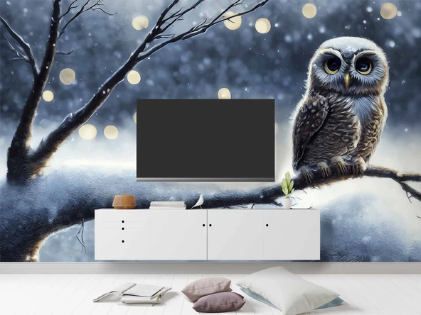 Kış ve Baykuş Manzaralı Duvar Kağıdı - Resim 3