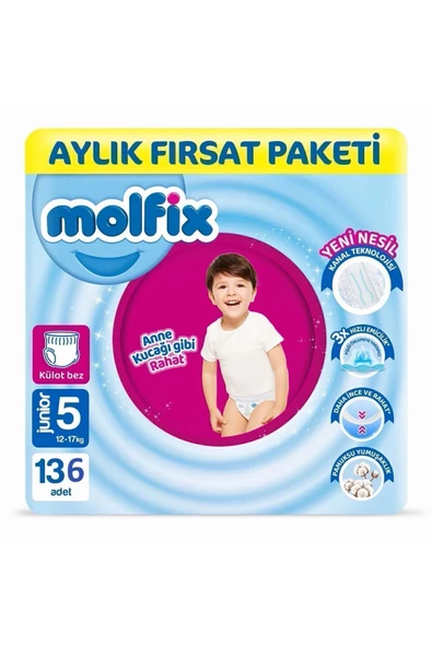 Molfix Külot Bebek Bezi 5 Beden Junior Aylık Avantaj Paketi 136 Adet (68 X 2 )