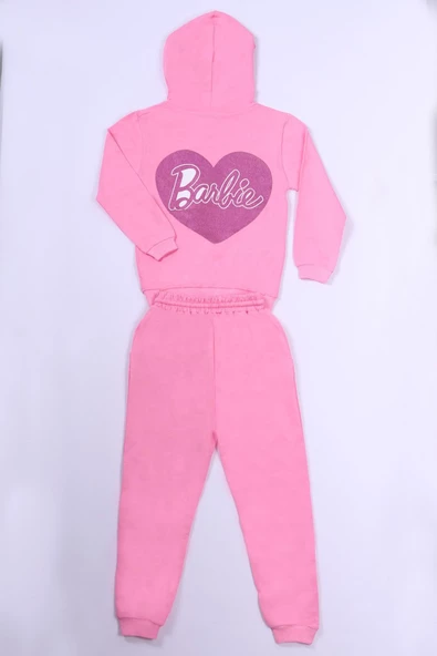 KIZ ÇOCUK EŞOFMAN TAKIMI BARBİ BASKILI KAPŞONLU B57 - Resim 4