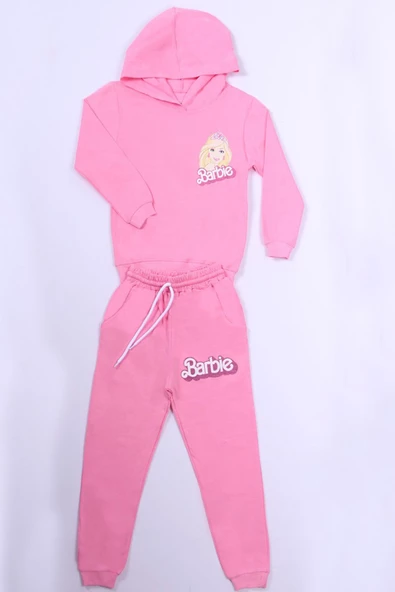 KIZ ÇOCUK EŞOFMAN TAKIMI BARBİ BASKILI KAPŞONLU B57 - Resim 3