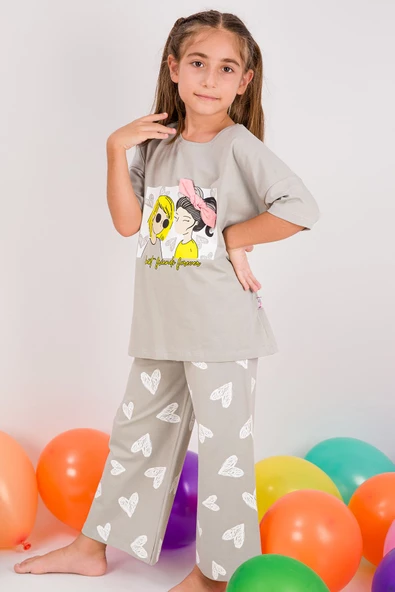 Kız Çocuk Eşofman Takımı Kalp Baskılı İspanyol Paça B31 - 2