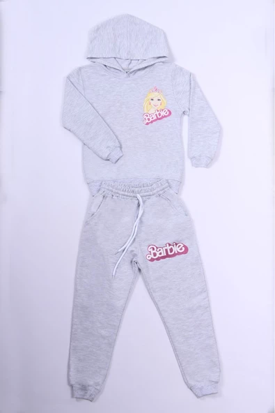 KIZ ÇOCUK EŞOFMAN TAKIMI BARBİ BASKILI KAPŞONLU B57 - Resim 5