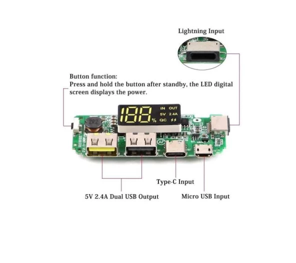 Çift USB 5V 2.4A Ledli Micro Type-C Powerbank Modülü - Resim 2