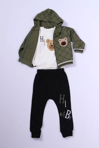 ERKEK ÇOCUK 3'LÜ TAKIM AYICIK BASKILI KAPŞONLU FERMUARLI B64 - Resim 4