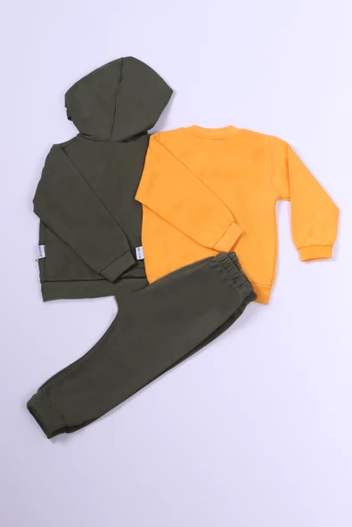 ERKEK ÇOCUK 3'LÜ TAKIM AYICIK BASKILI KAPŞONLU FERMUARLI B65 - Resim 3