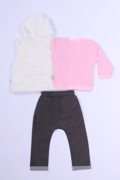 KIZ ÇOCUK 3`LÜ TAKIM BASKILI KAPŞONLU YELEKLİ B79 - Resim 3