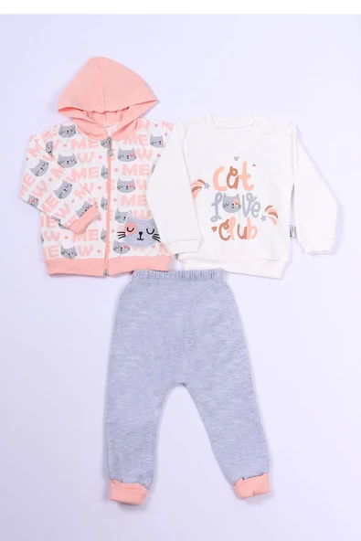 KIZ ÇOCUK 3'LÜ TAKIM KEDİ BASKILI KAPŞONLU FERMUARLI B63 - Resim 2