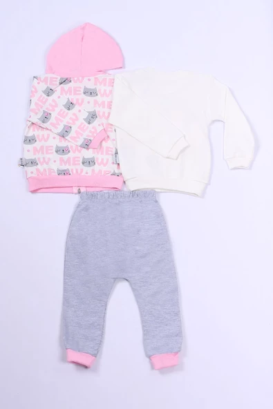 KIZ ÇOCUK 3'LÜ TAKIM KEDİ BASKILI KAPŞONLU FERMUARLI B63 - Resim 6