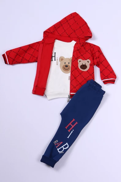 ERKEK ÇOCUK 3'LÜ TAKIM AYICIK BASKILI KAPŞONLU FERMUARLI B64 - Resim 2