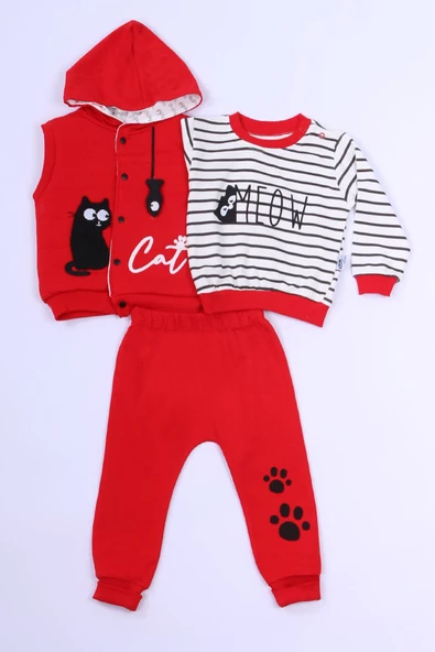 ERKEK ÇOCUK 3`LÜ TAKIM KEDİ BASKILI KAPŞONLU YELEKLİ B70 - Resim 2