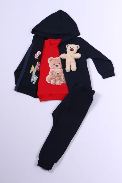 ERKEK ÇOCUK 3'LÜ TAKIM AYICIK BASKILI KAPŞONLU FERMUARLI B65 - Resim 5