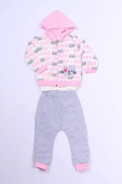 KIZ ÇOCUK 3'LÜ TAKIM KEDİ BASKILI KAPŞONLU FERMUARLI B63 - Resim 4