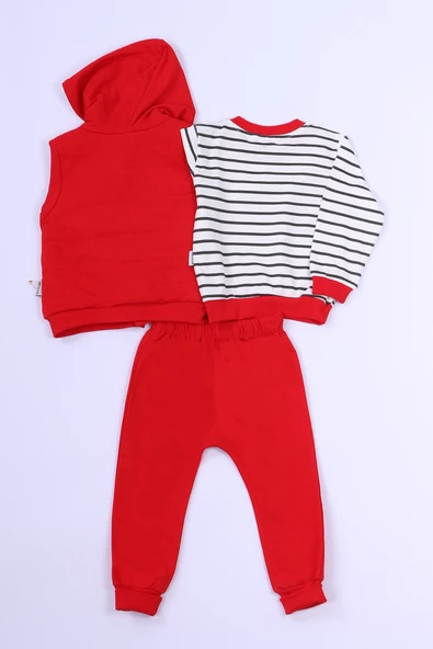 ERKEK ÇOCUK 3`LÜ TAKIM KEDİ BASKILI KAPŞONLU YELEKLİ B70 - Resim 3