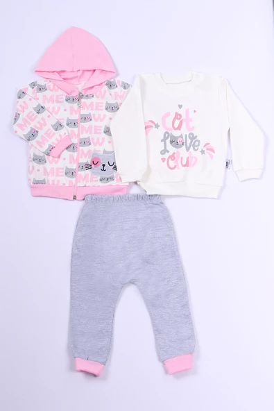 KIZ ÇOCUK 3'LÜ TAKIM KEDİ BASKILI KAPŞONLU FERMUARLI B63 - Resim 5