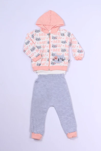 KIZ ÇOCUK 3'LÜ TAKIM KEDİ BASKILI KAPŞONLU FERMUARLI B63 ürün görseli