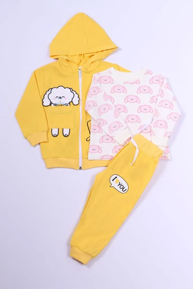 KIZ ÇOCUK 3'LÜ TAKIM KÖPEK BASKILI KAPŞONLU FERMUARLI B66 - 5