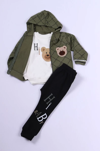 ERKEK ÇOCUK 3'LÜ TAKIM AYICIK BASKILI KAPŞONLU FERMUARLI B64 - Resim 5
