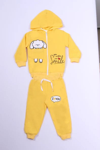 KIZ ÇOCUK 3'LÜ TAKIM KÖPEK BASKILI KAPŞONLU FERMUARLI B66 - 4