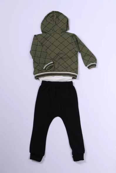 ERKEK ÇOCUK 3'LÜ TAKIM AYICIK BASKILI KAPŞONLU FERMUARLI B64 - Resim 6