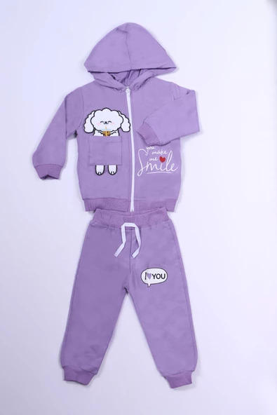 KIZ ÇOCUK 3'LÜ TAKIM KÖPEK BASKILI KAPŞONLU FERMUARLI B66