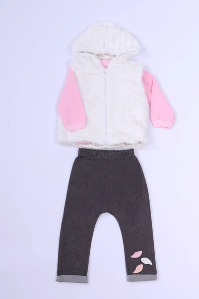 KIZ ÇOCUK 3`LÜ TAKIM BASKILI KAPŞONLU YELEKLİ B79 ürün görseli