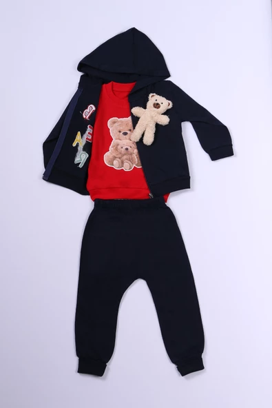 ERKEK ÇOCUK 3'LÜ TAKIM AYICIK BASKILI KAPŞONLU FERMUARLI B65 - Resim 4