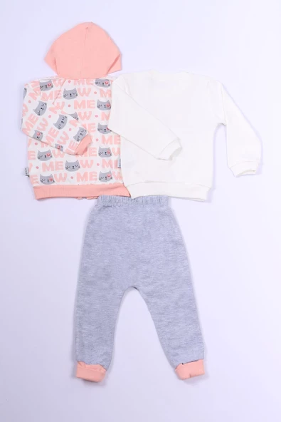 KIZ ÇOCUK 3'LÜ TAKIM KEDİ BASKILI KAPŞONLU FERMUARLI B63 - Resim 3